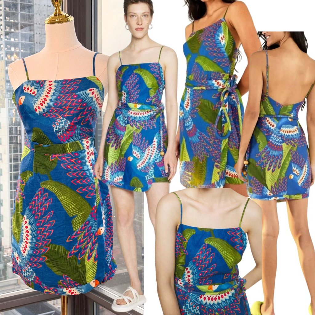 Farm Rio Nwot Blue Macaw Linen Mini Dress, Sz Xs *Missing Belt*